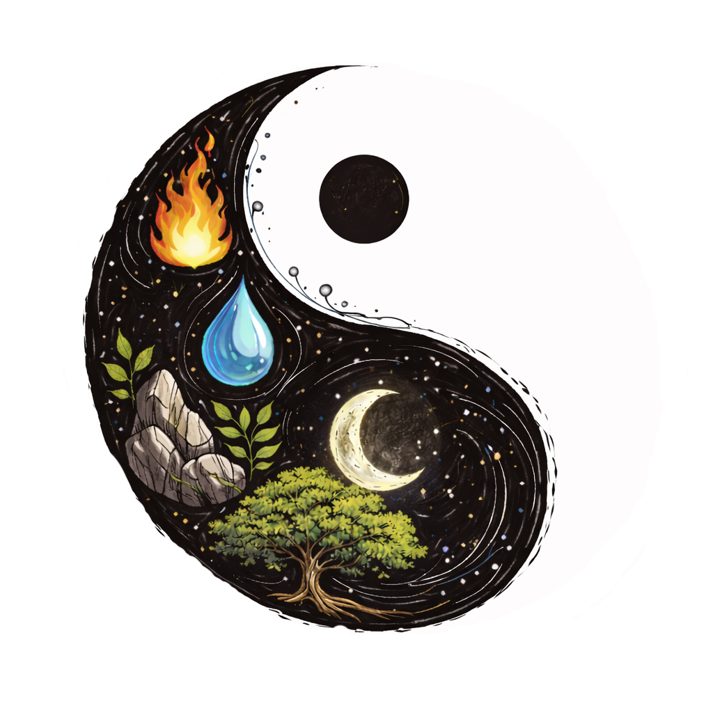 Yin und Yang Zeichen, mit dem schwarzem Teil des Yin ausgefüllt mit den vier Elementen der TEM
